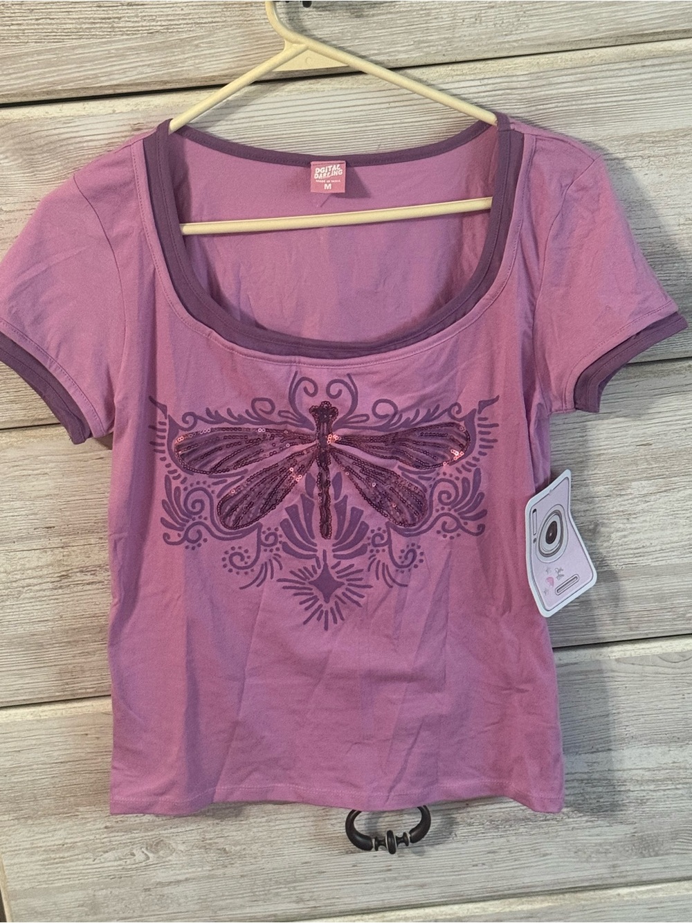 Dragonfly Graphic Scoop Neck Tee - Pink/Purple